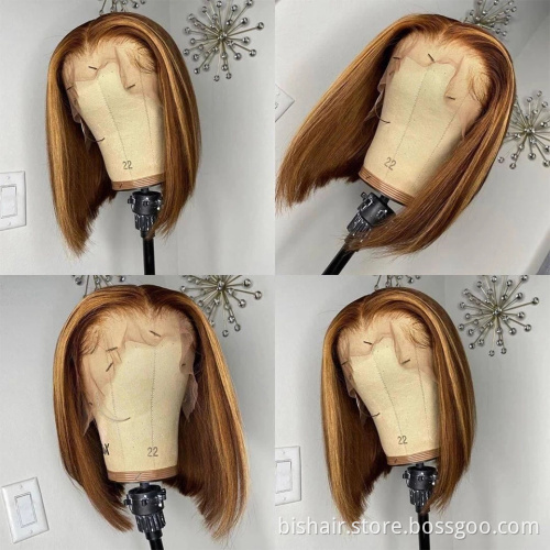 Bob 100% Real Hair Wig Straight Hair Wig 16 Inch Lace Front Wig Hair Brown Mixed Blond Natural Brazil Remy Color Short Wholesale